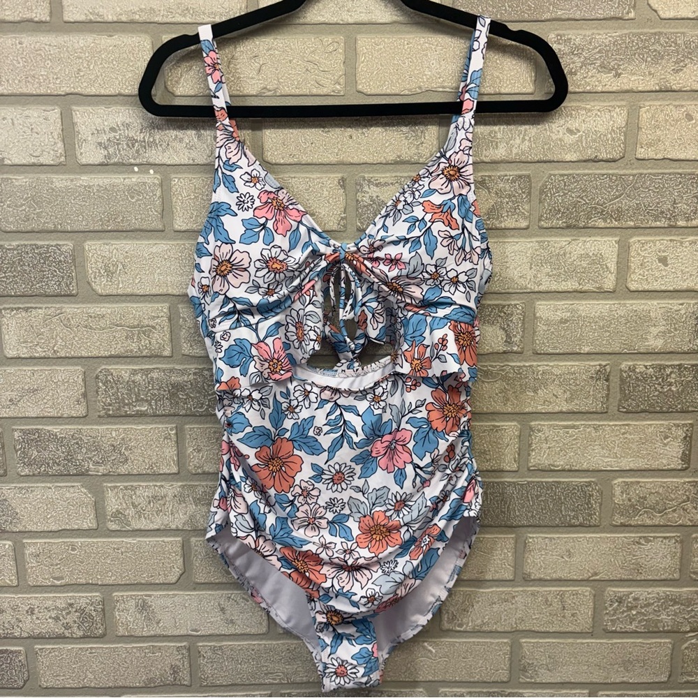 NWOT Floral Cutout One Piece Swimsuit L White Pink Blue